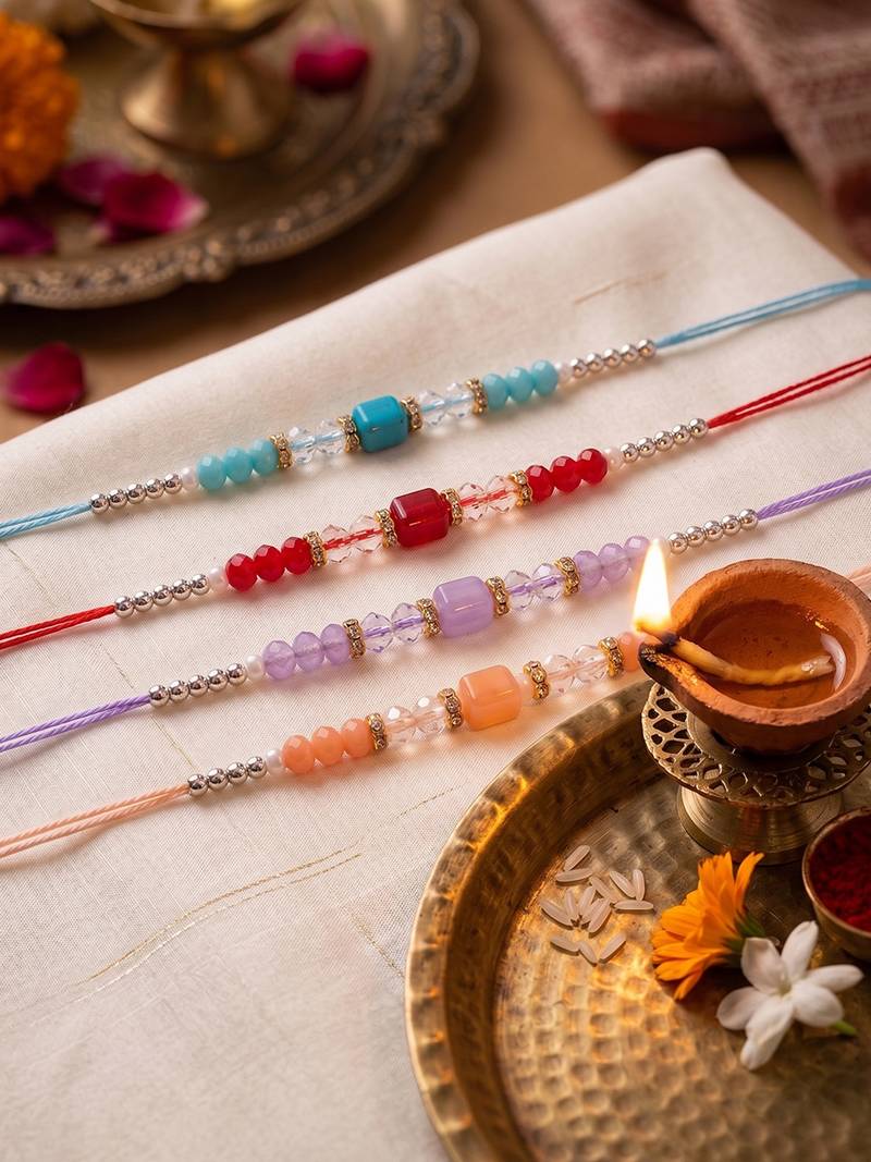 set of 4 multicolor artificial beads thread rakhi with roli chawal chandan mishri