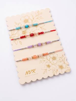 set of 4 multicolor artificial beads thread rakhi with roli chawal chandan mishri 5