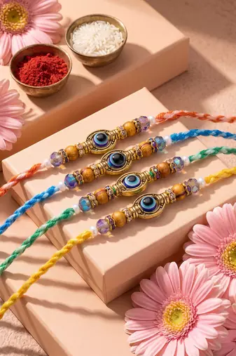 set of 4 multicolor evil eye thread rakhi with roli chawal chandan mishri