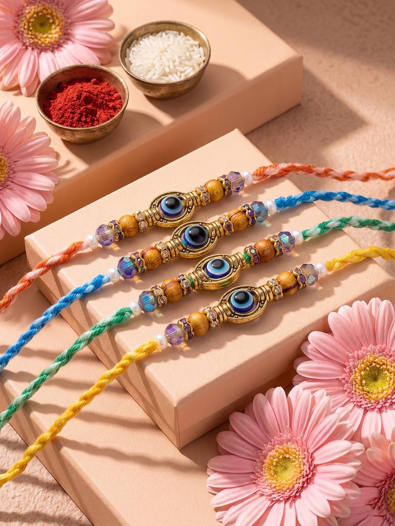 set of 4 multicolor evil eye thread rakhi with roli chawal chandan mishri