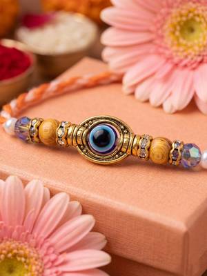 set of 4 multicolor evil eye thread rakhi with roli chawal chandan mishri 2