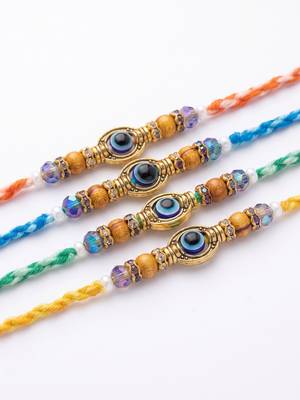 set of 4 multicolor evil eye thread rakhi with roli chawal chandan mishri 3