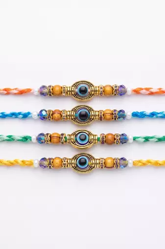 set of 4 multicolor evil eye thread rakhi with roli chawal chandan mishri