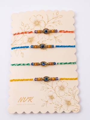 set of 4 multicolor evil eye thread rakhi with roli chawal chandan mishri 5