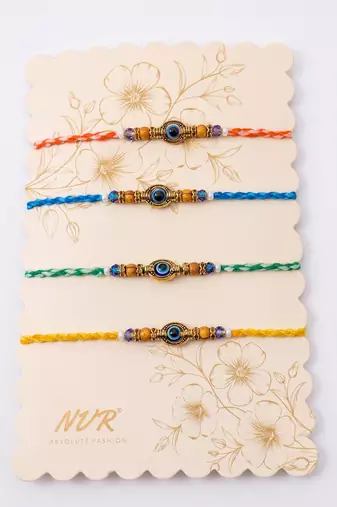 set of 4 multicolor evil eye thread rakhi with roli chawal chandan mishri