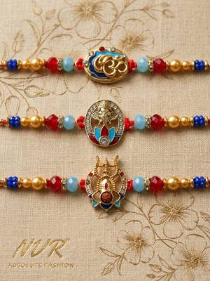 multicolor set of 3 artificial stones religious thread rakhi with roli chawal chandan 1