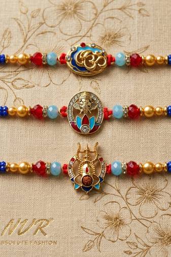 multicolor set of 3 artificial stones religious thread rakhi with roli chawal chandan