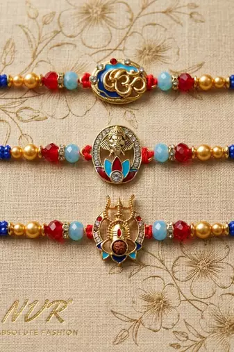 multicolor set of 3 artificial stones religious thread rakhi with roli chawal chandan