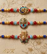 multicolor set of 3 artificial stones religious thread rakhi with roli chawal chandan