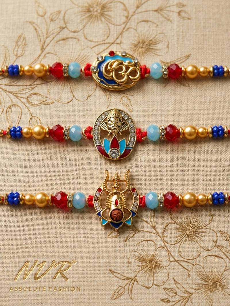 multicolor set of 3 artificial stones religious thread rakhi with roli chawal chandan
