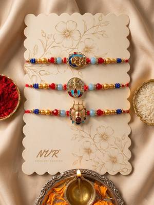 multicolor set of 3 artificial stones religious thread rakhi with roli chawal chandan 2