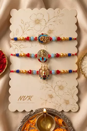 multicolor set of 3 artificial stones religious thread rakhi with roli chawal chandan