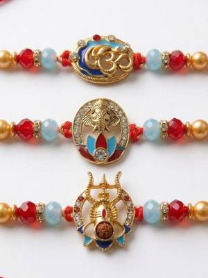 multicolor set of 3 artificial stones religious thread rakhi with roli chawal chandan 3