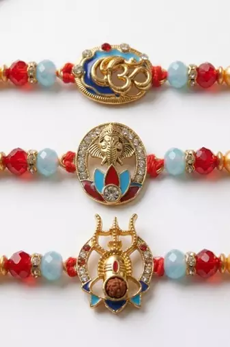 multicolor set of 3 artificial stones religious thread rakhi with roli chawal chandan