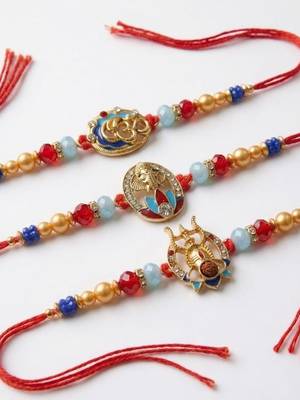 multicolor set of 3 artificial stones religious thread rakhi with roli chawal chandan 4