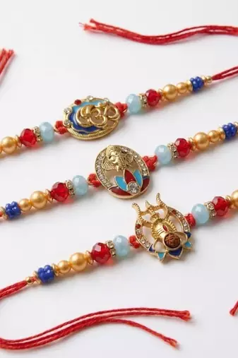 multicolor set of 3 artificial stones religious thread rakhi with roli chawal chandan