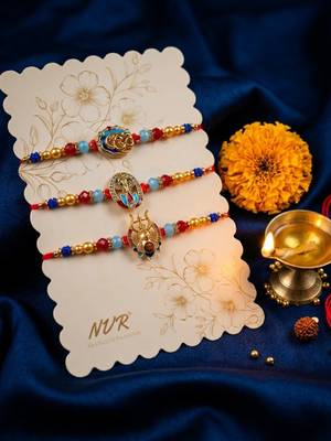 multicolor set of 3 artificial stones religious thread rakhi with roli chawal chandan 5