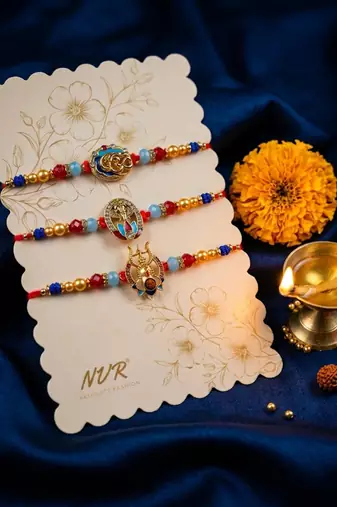 multicolor set of 3 artificial stones religious thread rakhi with roli chawal chandan