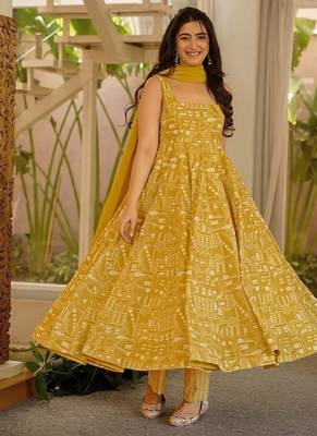 Floral printed muslin square neck dark-yellow anarkali set 1