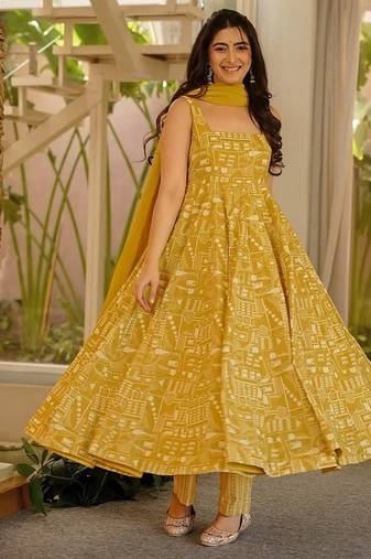 Floral printed muslin square neck dark-yellow anarkali set
