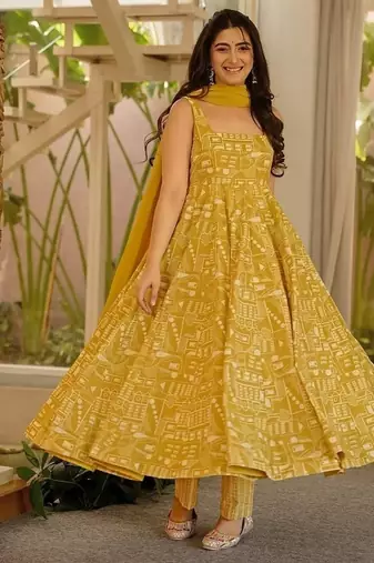 Floral printed muslin square neck dark-yellow anarkali set