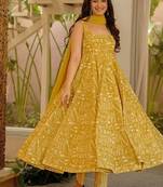 Floral printed muslin square neck dark-yellow anarkali set