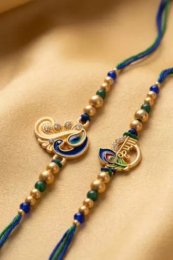 set of 2 krishna & peacock design artificial beads thread rakhi with roli chawal