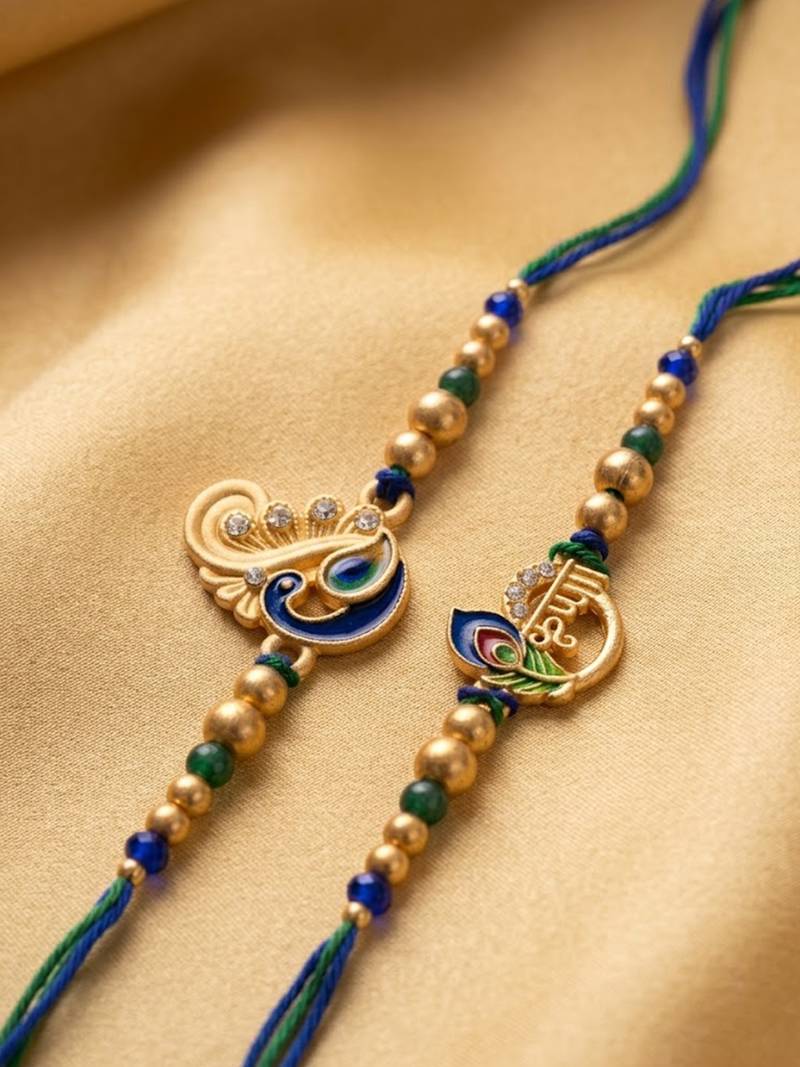 set of 2 krishna & peacock design artificial beads thread rakhi with roli chawal