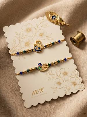 set of 2 krishna & peacock design artificial beads thread rakhi with roli chawal 2