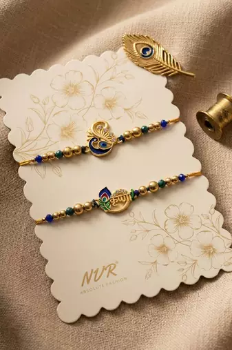 set of 2 krishna & peacock design artificial beads thread rakhi with roli chawal