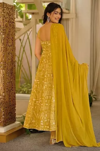 Floral printed muslin square neck dark-yellow anarkali set