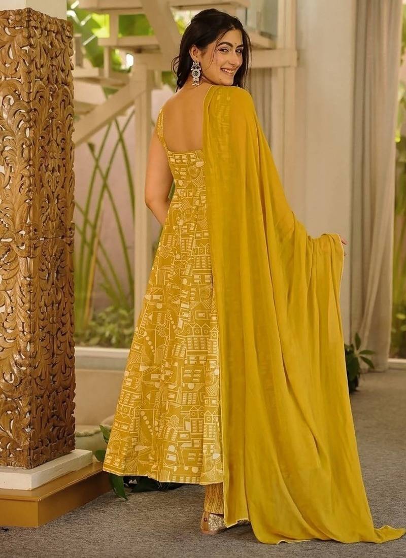 Floral printed muslin square neck dark-yellow anarkali set