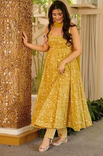 Floral printed muslin square neck dark-yellow anarkali set