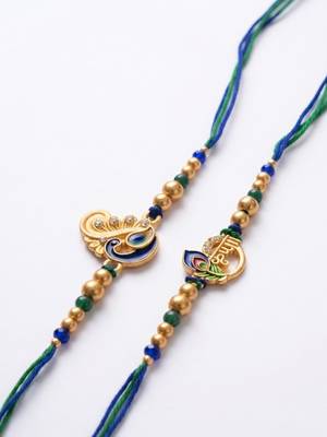 set of 2 krishna & peacock design artificial beads thread rakhi with roli chawal 3