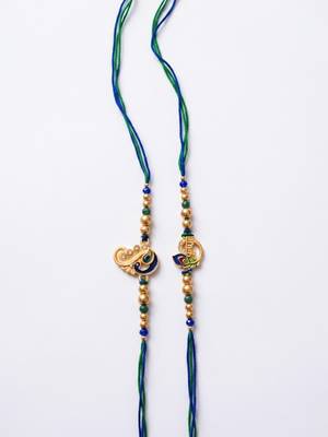set of 2 krishna & peacock design artificial beads thread rakhi with roli chawal 4