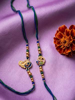 set of 2 krishna & peacock design artificial beads thread rakhi with roli chawal 5