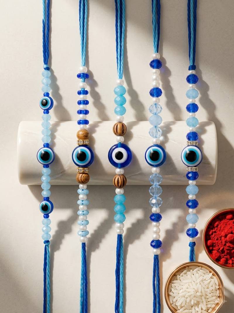 set of 5 blue evil eye thread rakhi with roli chawal chandan mishri