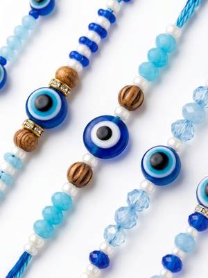 set of 5 blue evil eye thread rakhi with roli chawal chandan mishri 3