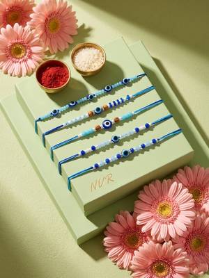 set of 5 blue evil eye thread rakhi with roli chawal chandan mishri 5