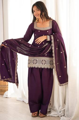 Women's Gorgeous Embroidery Roman Silk Fabric Straight Kurta Shalwar and Dupatta Set