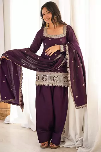 Women's Gorgeous Embroidery Roman Silk Fabric Straight Kurta Shalwar and Dupatta Set