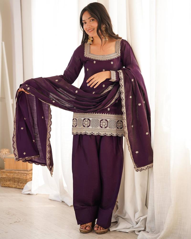 Women's Gorgeous Embroidery Roman Silk Fabric Straight Kurta Shalwar and Dupatta Set