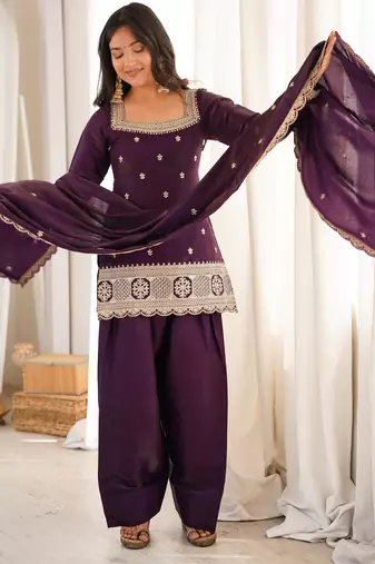 Women's Gorgeous Embroidery Roman Silk Fabric Straight Kurta Shalwar and Dupatta Set