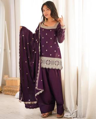 Women's Gorgeous Embroidery Roman Silk Fabric Straight Kurta Shalwar and Dupatta Set 5