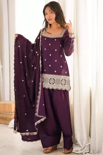 Women's Gorgeous Embroidery Roman Silk Fabric Straight Kurta Shalwar and Dupatta Set