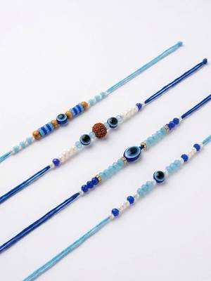 set of 4 blue evil eye thread rakhi with roli chawal chandan mishri 4