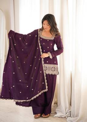 Women's Gorgeous Embroidery Roman Silk Fabric Straight Kurta Shalwar and Dupatta Set 6