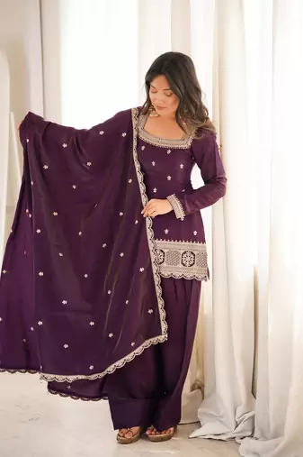 Women's Gorgeous Embroidery Roman Silk Fabric Straight Kurta Shalwar and Dupatta Set
