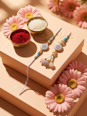 set of 2 floral design bhaiya bhabhi rakhi with roli chawal chandan mishri 1