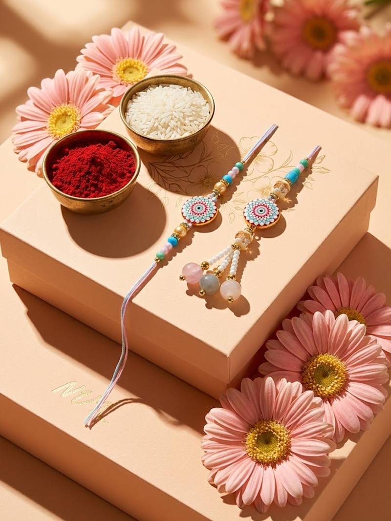 set of 2 floral design bhaiya bhabhi rakhi with roli chawal chandan mishri